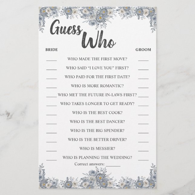 Guess Who Grey Floral Shower Game Card Flyer (Front)