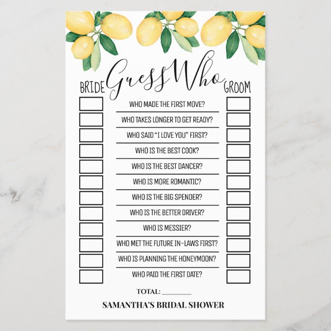 Guess Who Lemons Bridal Shower Game Card Flyer (Front)