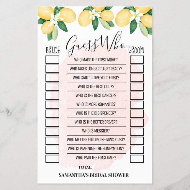 Guess Who Lemons Pink Bridal Shower Game Card Flyer (Front)