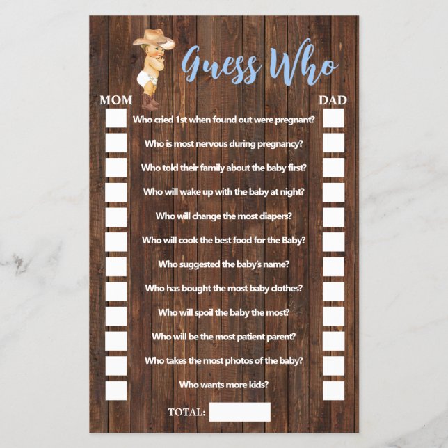 Guess Who Little Cowboy Baby Shower Game Card Flyer (Front)