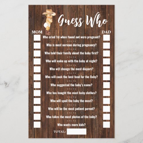 Guess Who Little Cowboy Baby Shower Game Card Flyer