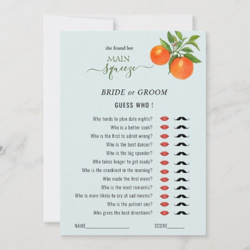 Guess Who Main Squeeze Bridal Shower game  Invitation