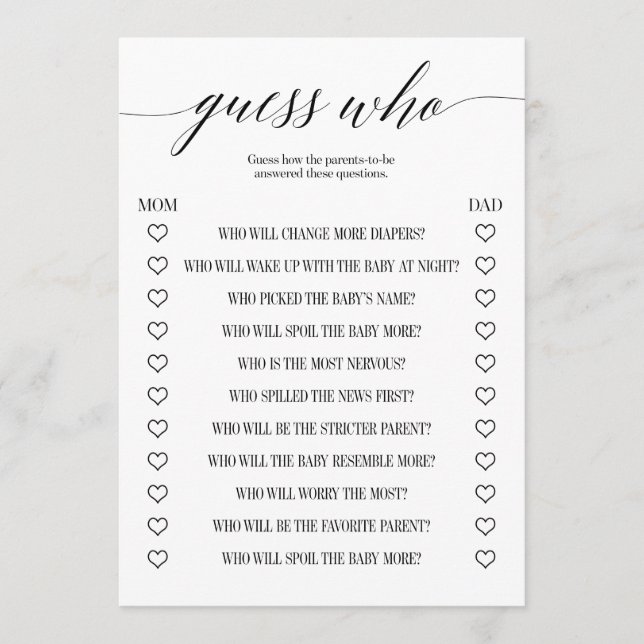Guess Who Minimalist Baby Shower Game Program (Front)