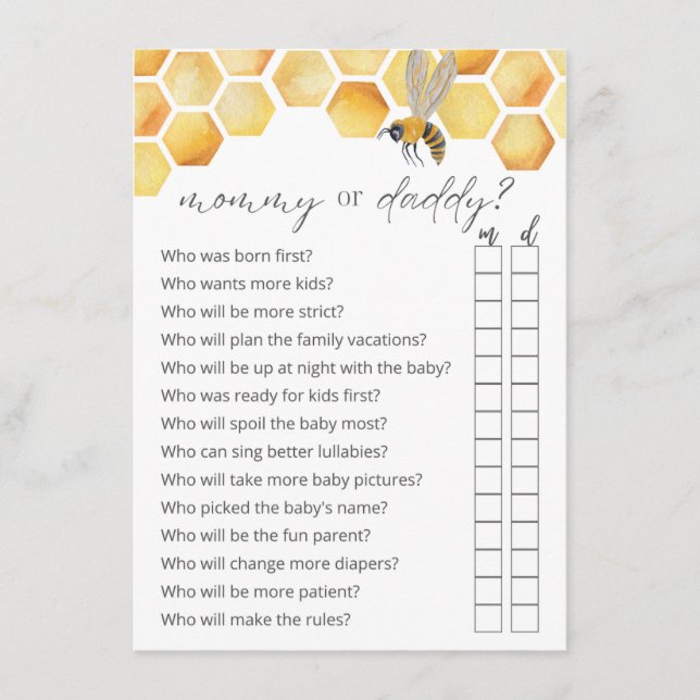 Guess Who Mom or Dad Bee Baby Shower Game Enclosure Card (Front)