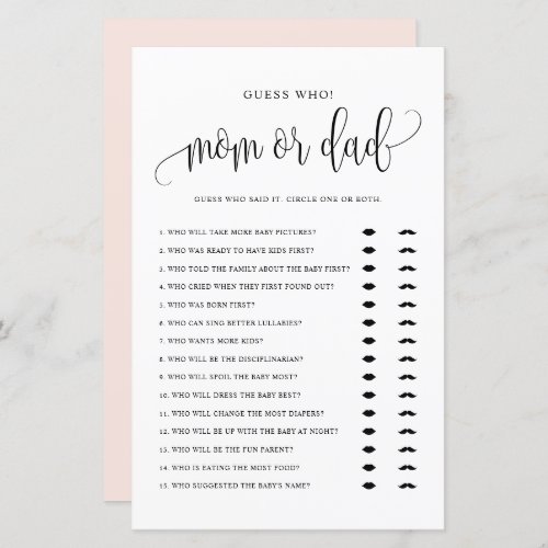 Guess Who Mom or Dad Black Script Baby Shower Game