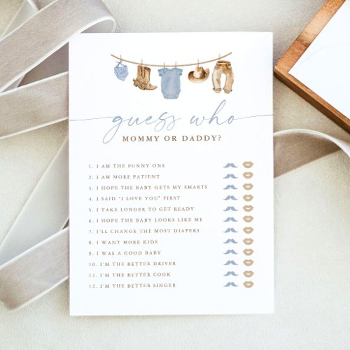 Guess Who Mom or Dad Cowboy Baby Shower Game Card
