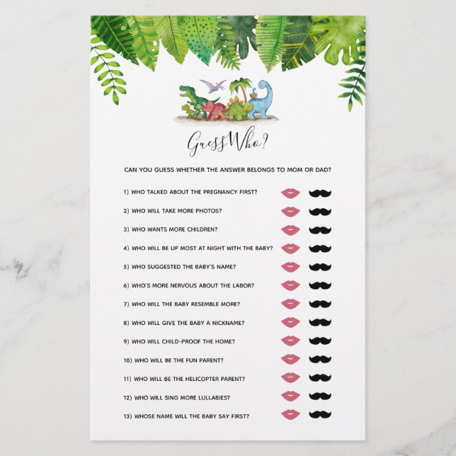 Guess Who Mom or Dad? Dinosaur Baby Shower Game (Front)