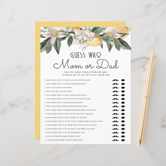 Guess Who Mom Or Dad Lemon Citrus Baby Shower (Front/Back In Situ)