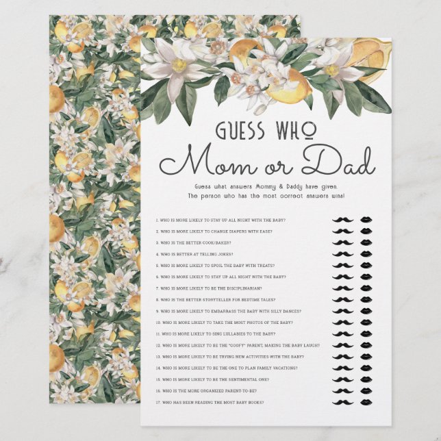 Guess Who Mom Or Dad Lemon Citrus Baby Shower Stationery (Front/Back)