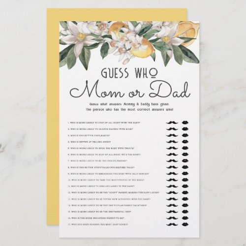 Guess Who Mom Or Dad Lemon Citrus Baby Shower Stationery