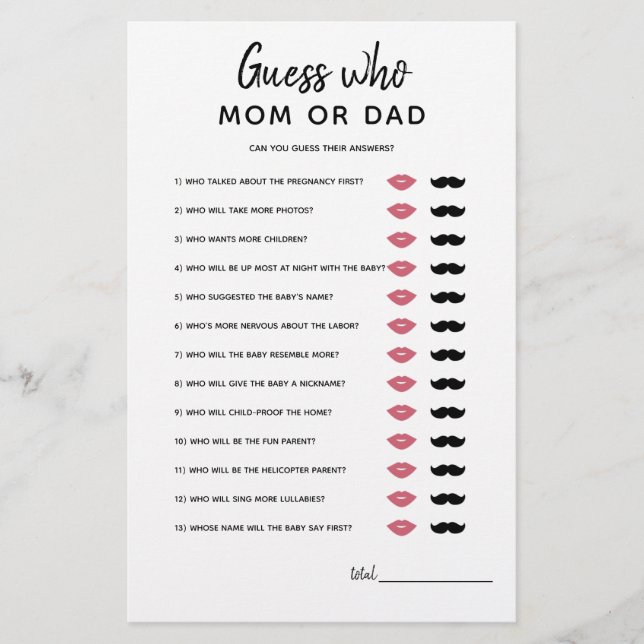 Guess Who Mom or Dad? Minimalist Baby Shower Game (Front)