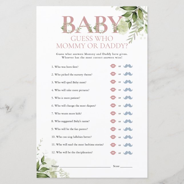 Guess Who Mommy Daddy Greenery Baby Shower Game (Front)
