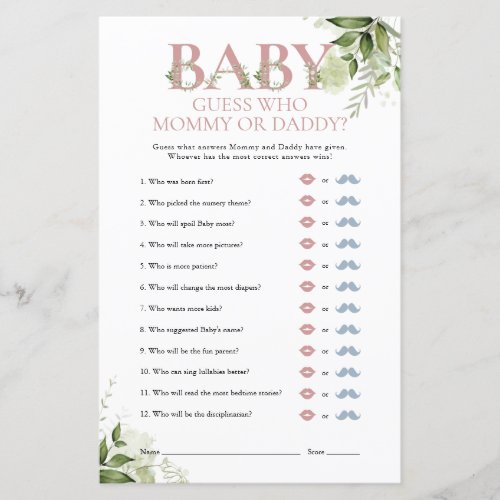 Guess Who Mommy Daddy Greenery Baby Shower Game