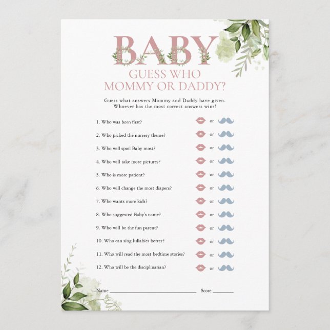 Guess Who Mommy Daddy Greenery Baby Shower Game Invitation (Front)