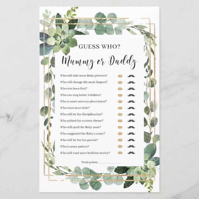 Guess who mommy or daddy baby shower game (Front)