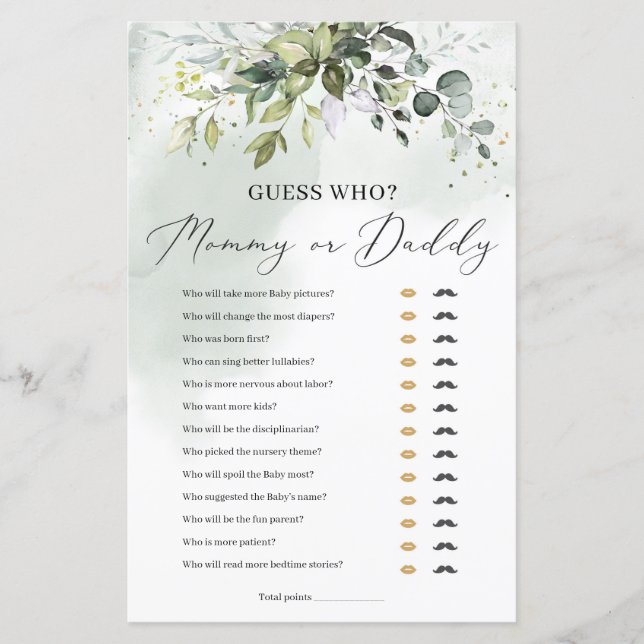 Guess who mommy or daddy baby shower game (Front)
