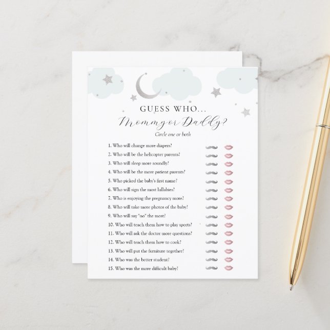 Guess Who Mommy or Daddy Baby Shower game card (Front/Back In Situ)