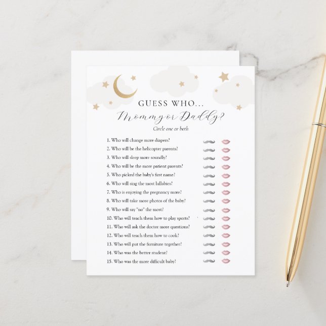 Guess Who Mommy or Daddy Baby Shower game card (Front/Back In Situ)