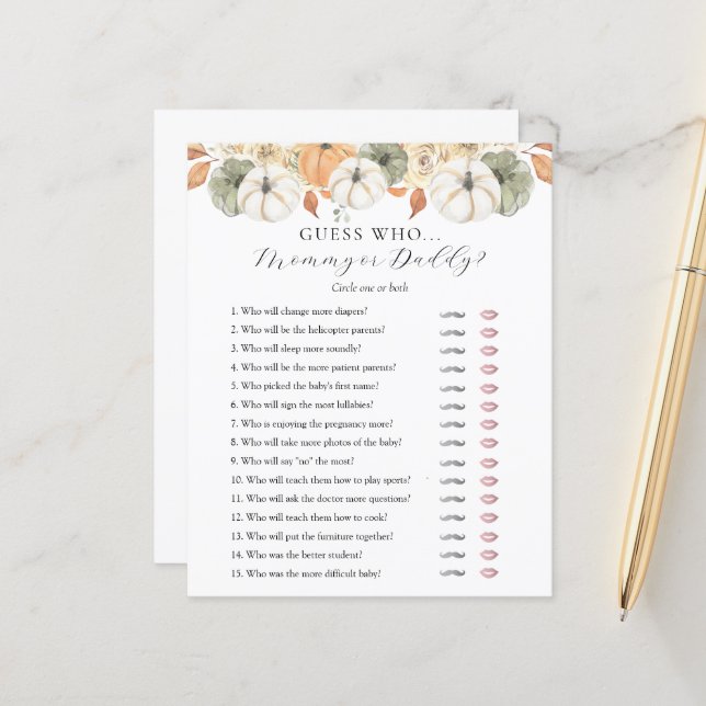 Guess Who Mommy or Daddy Baby Shower game card (Front/Back In Situ)