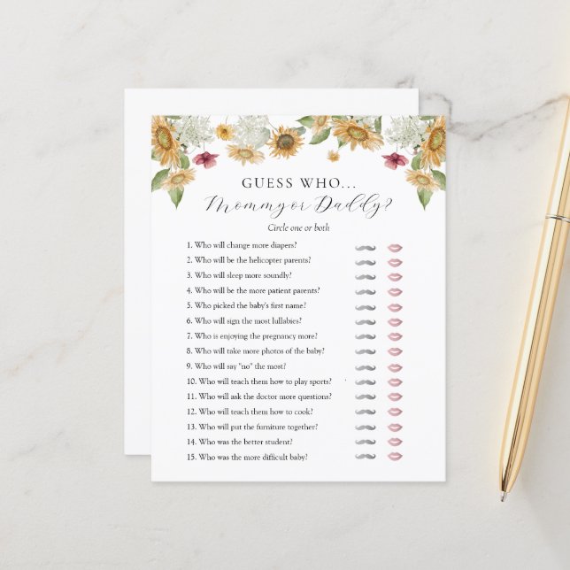 Guess Who Mommy or Daddy Baby Shower game card (Front/Back In Situ)