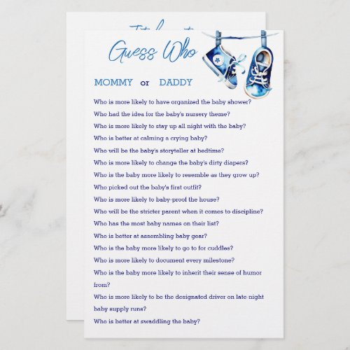 Guess who mommy or daddy baby shower game card