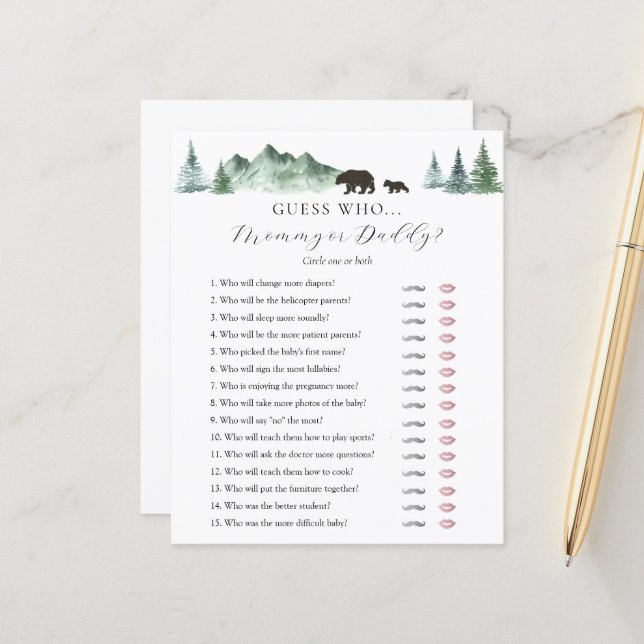 Guess Who Mommy or Daddy Baby Shower game card (Front/Back In Situ)