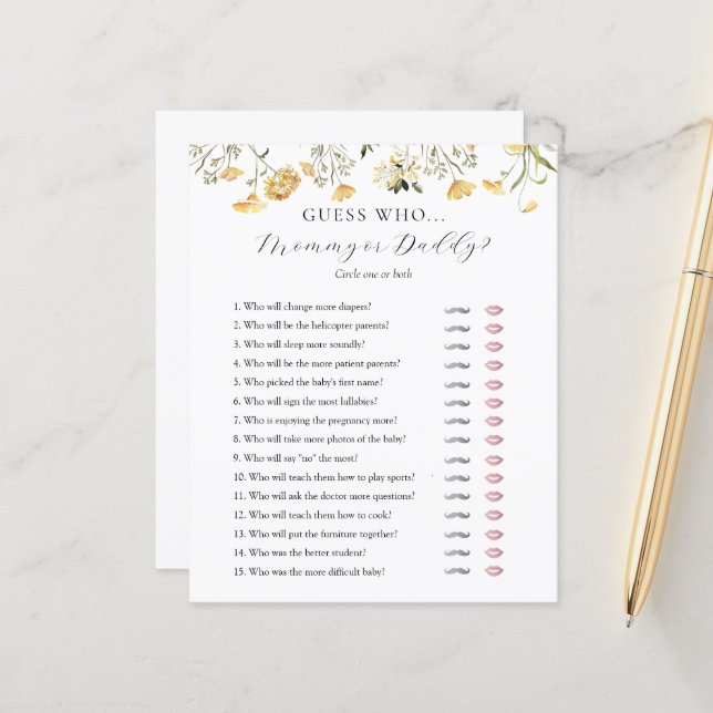 Guess Who Mommy or Daddy Baby Shower game card (Front/Back In Situ)