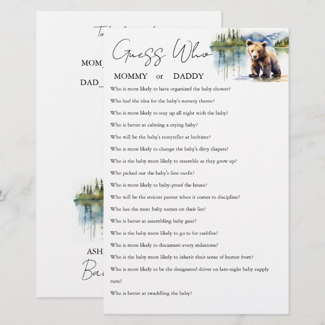 Guess who mommy or daddy baby shower game card (Front/Back)