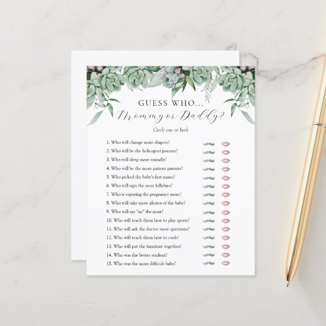 Guess Who Mommy or Daddy Baby Shower game card (Front/Back In Situ)