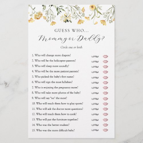 Guess Who Mommy or Daddy Baby Shower game card