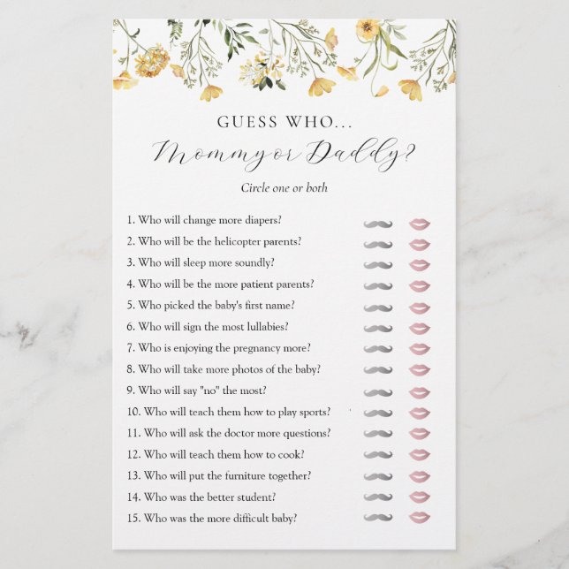 Guess Who Mommy or Daddy Baby Shower game card (Front)