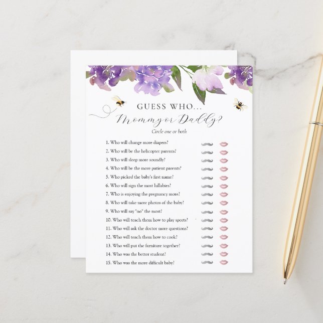 Guess Who Mommy or Daddy Baby Shower game card (Front/Back In Situ)