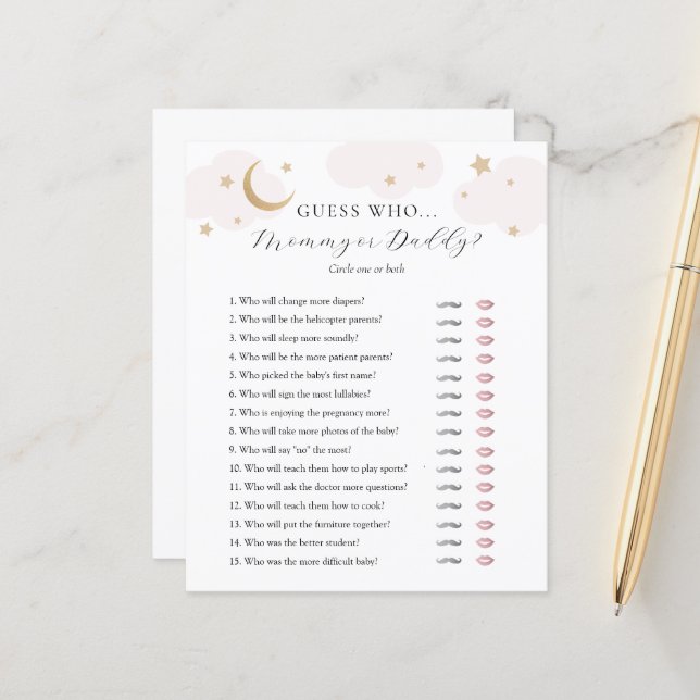 Guess Who Mommy or Daddy Baby Shower game card (Front/Back In Situ)