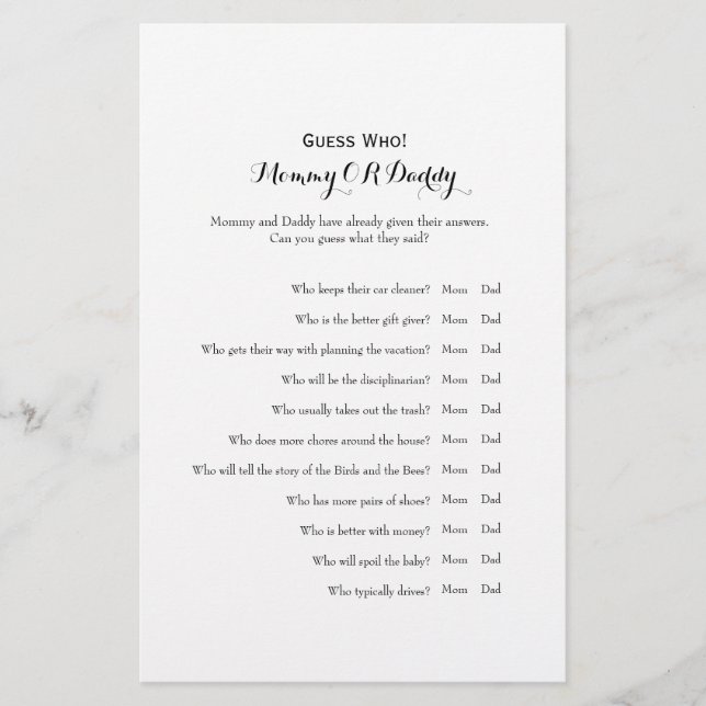 Guess Who Mommy or Daddy Baby Shower Game Flyer (Front)