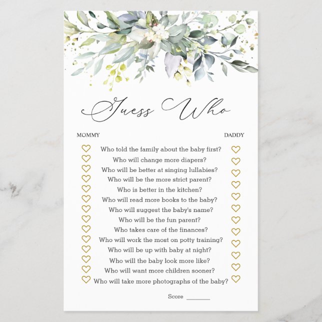 Guess Who Mommy or Daddy Baby Shower Game Greenery Flyer (Front)