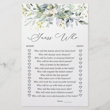Guess Who Mommy Or Daddy Baby Shower Game Greenery Flyer by IrinaFraser at Zazzle