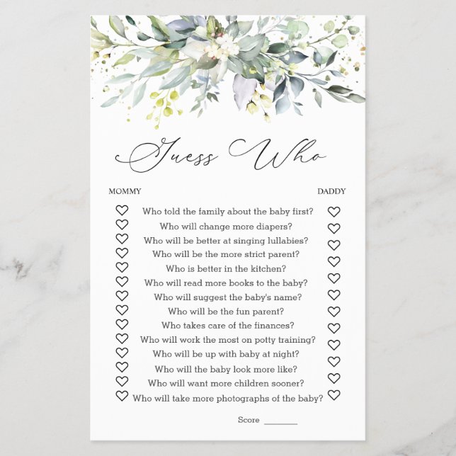 Guess Who Mommy or Daddy Baby Shower Game Greenery Flyer (Front)