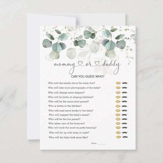 Guess Who Mommy or Daddy Baby Shower Greenery Game RSVP Card (Front)