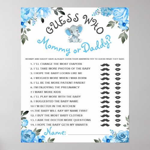 Guess Who Mommy or Daddy Boy Elephant Shower Game  Poster