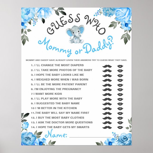 Guess Who Mommy or Daddy Boy Elephant Shower Game  Poster (Front)