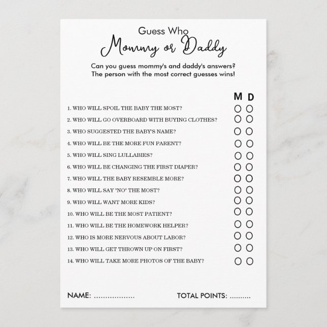 Guess Who Mommy or Daddy Game Baby Shower Card (Front)