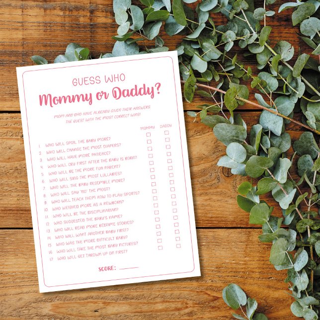 Guess Who Mommy or Daddy Game Girl Baby Shower Advice Card (Creator Uploaded)