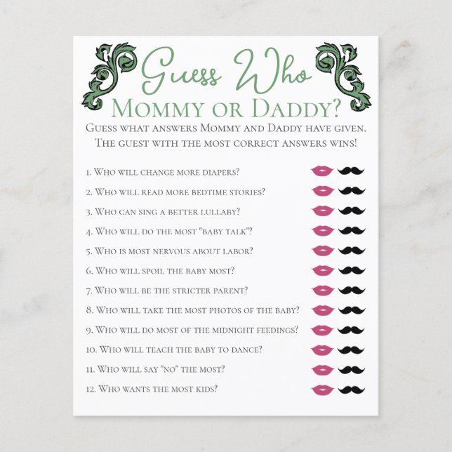 Guess Who Mommy or Daddy Irish Baby Shower Game (Front)