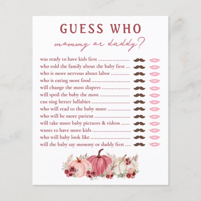 Guess Who Mommy Or Daddy Pumpkins Baby Shower Game (Front)