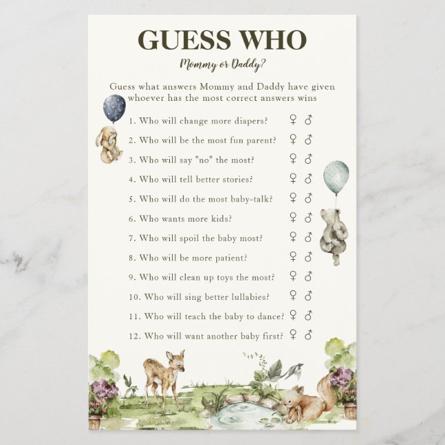 Guess Who Mommy Or Daddy Woodland Game Baby Shower Flyer (Front)
