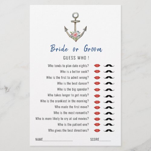 Guess Who Nautical Anchor  Bridal Shower game 