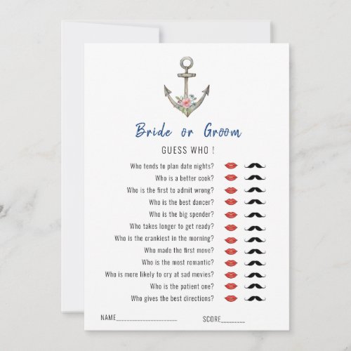 Guess Who Nautical Anchor  Bridal Shower game  Invitation