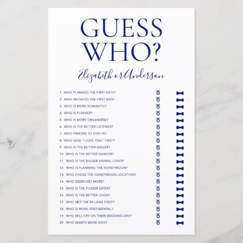 Guess Who Navy Blue Bridal Shower Game