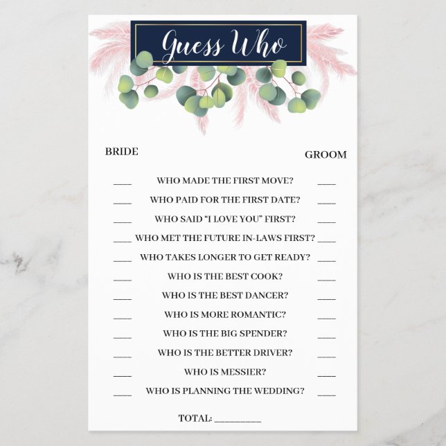 Guess Who Pampas Grass Bridal Shower Game Card Flyer (Front)
