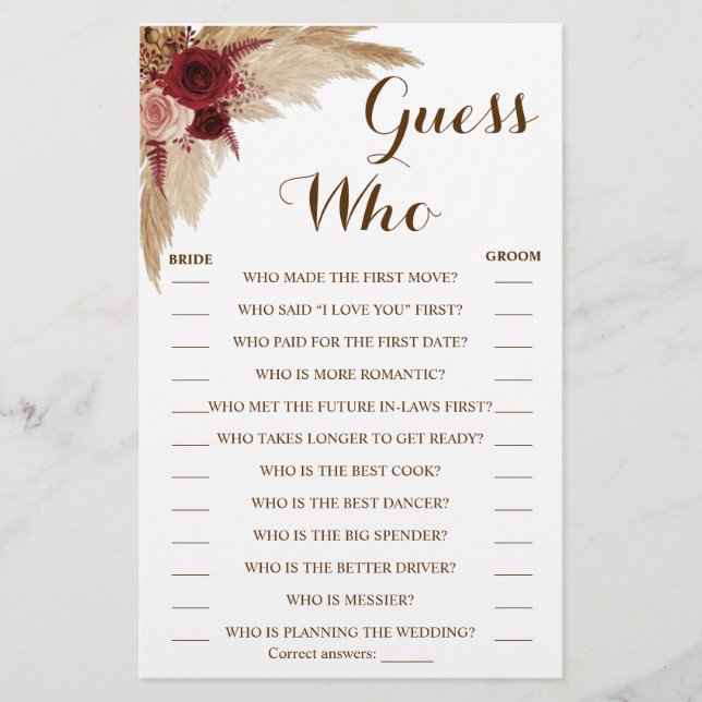 Guess Who Pampas Grass Shower Game Card Flyer (Front)